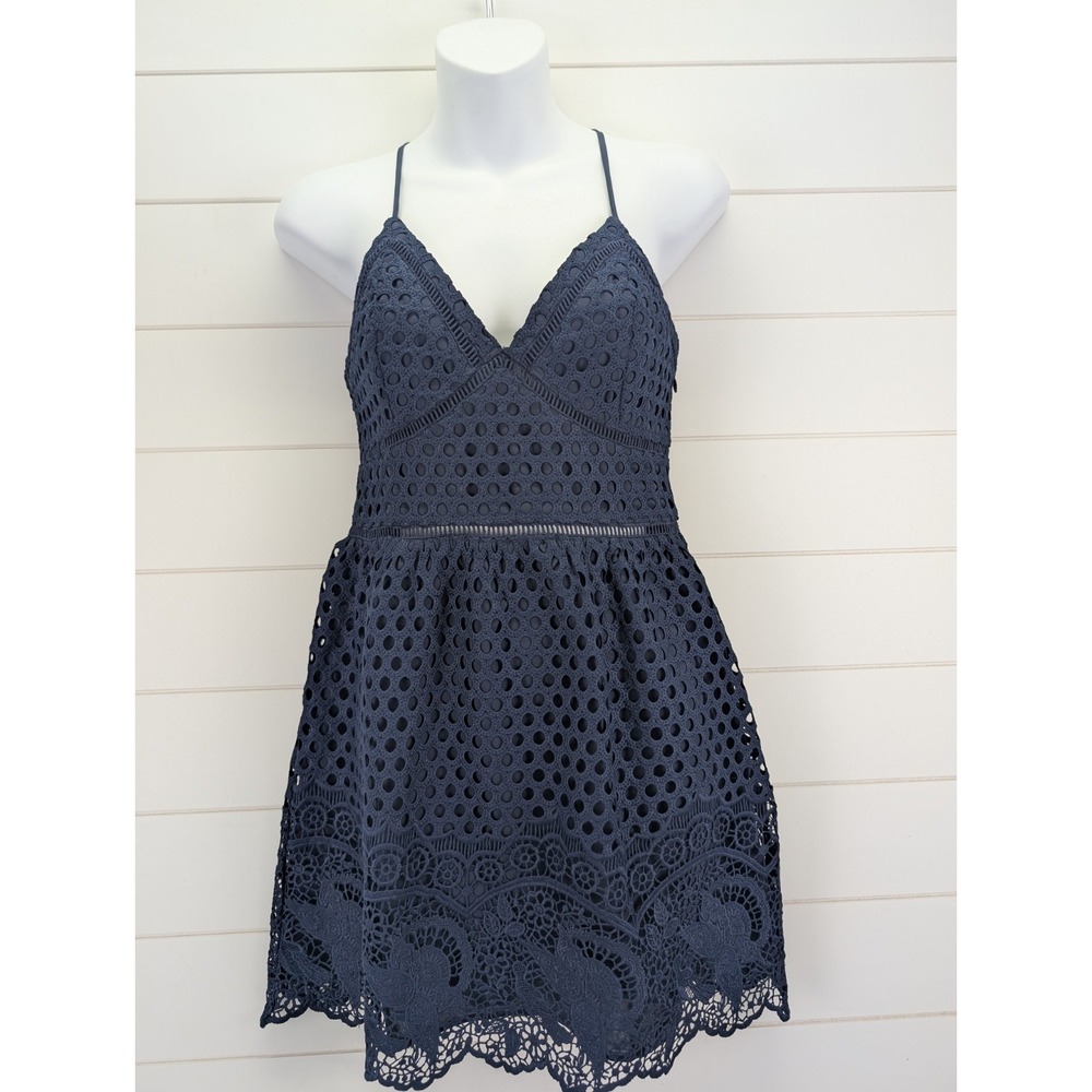 Abercrombie & Fitch Crochet Eyelet Mini Dress Small Navy Lace Fairy Grunge Boho